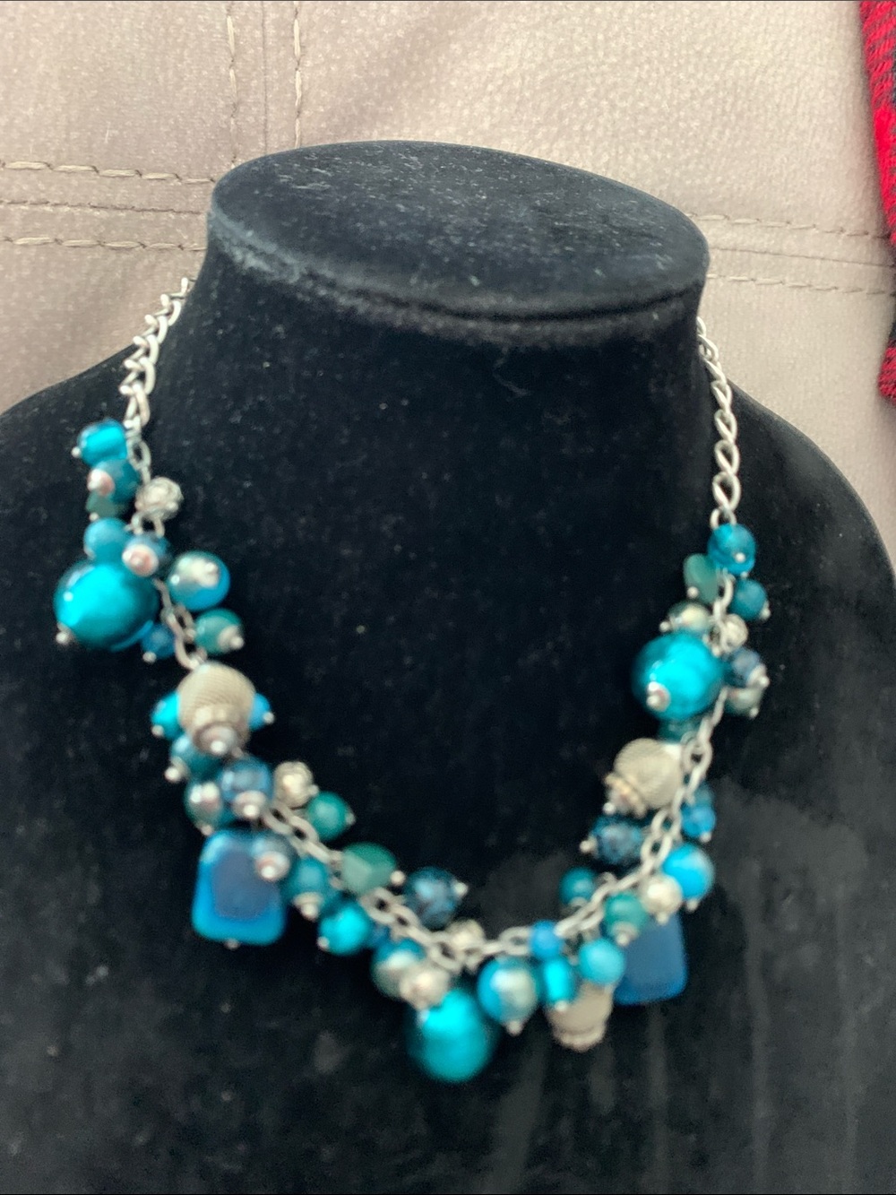 Turquoise Cluster Bead Necklace with Silver Chain - Women Jewelry